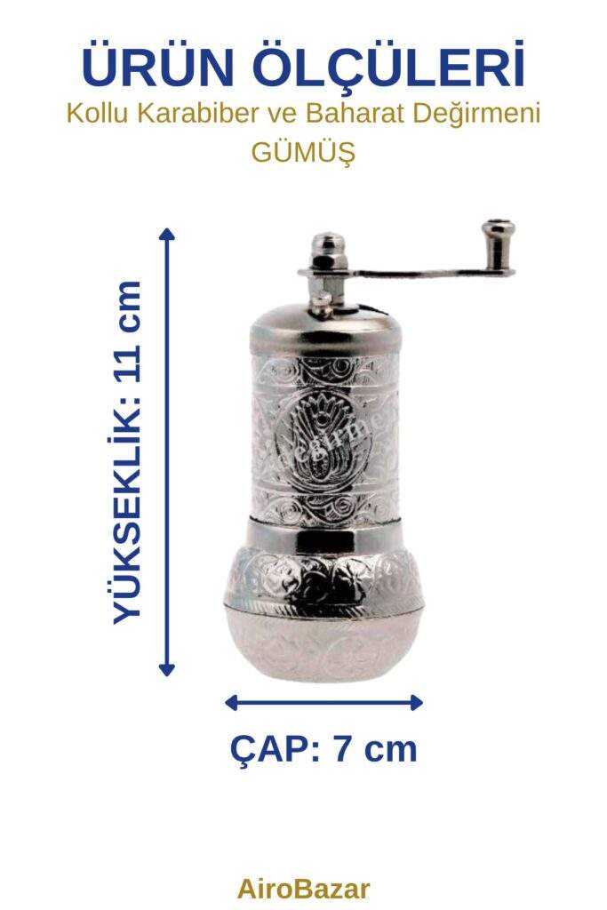 Kollu karabiber değirmeni gümüş ölçüleri: yükseklik 11 cm, çap 7 cm