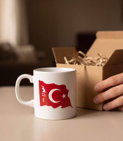 Türk bayrağı baskılı beyaz porselen kupa 330 ml - 1